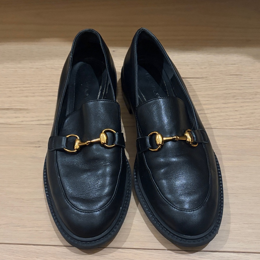 Black Leather Loafers with Gold Buckle